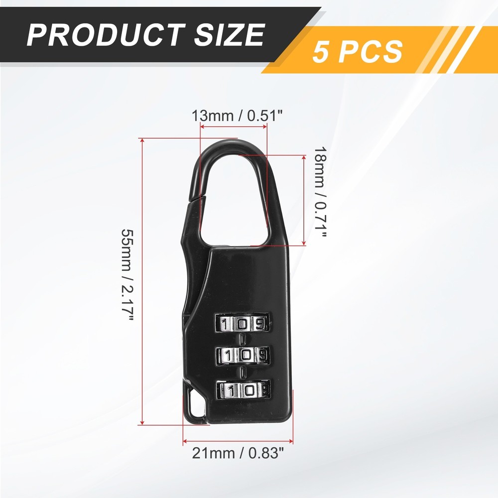 5Pcs Resettable 3 Digit Combination Lock Code Padlock, Black (55 x 21mm)