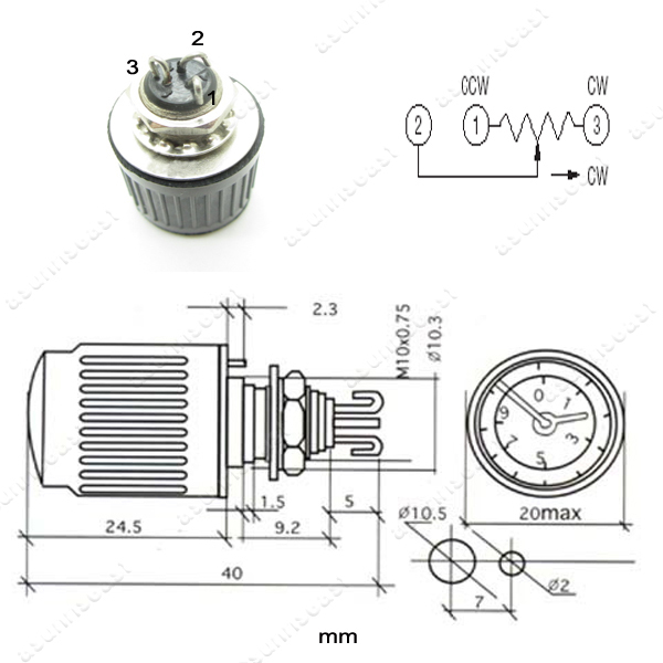 2.2K Ohm Precision Cylinder 10 Turn Wirewound Potentiometer Clock Dial Pointer