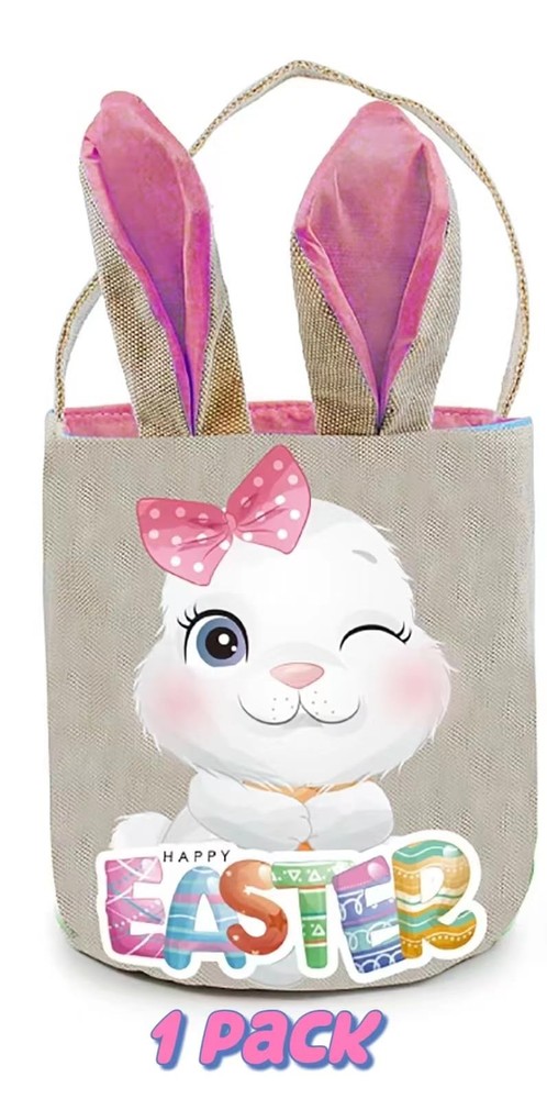 1 Pack Easter Basket with Handle, Canvas Easters Egg Hunt Bunny Baskets for K...