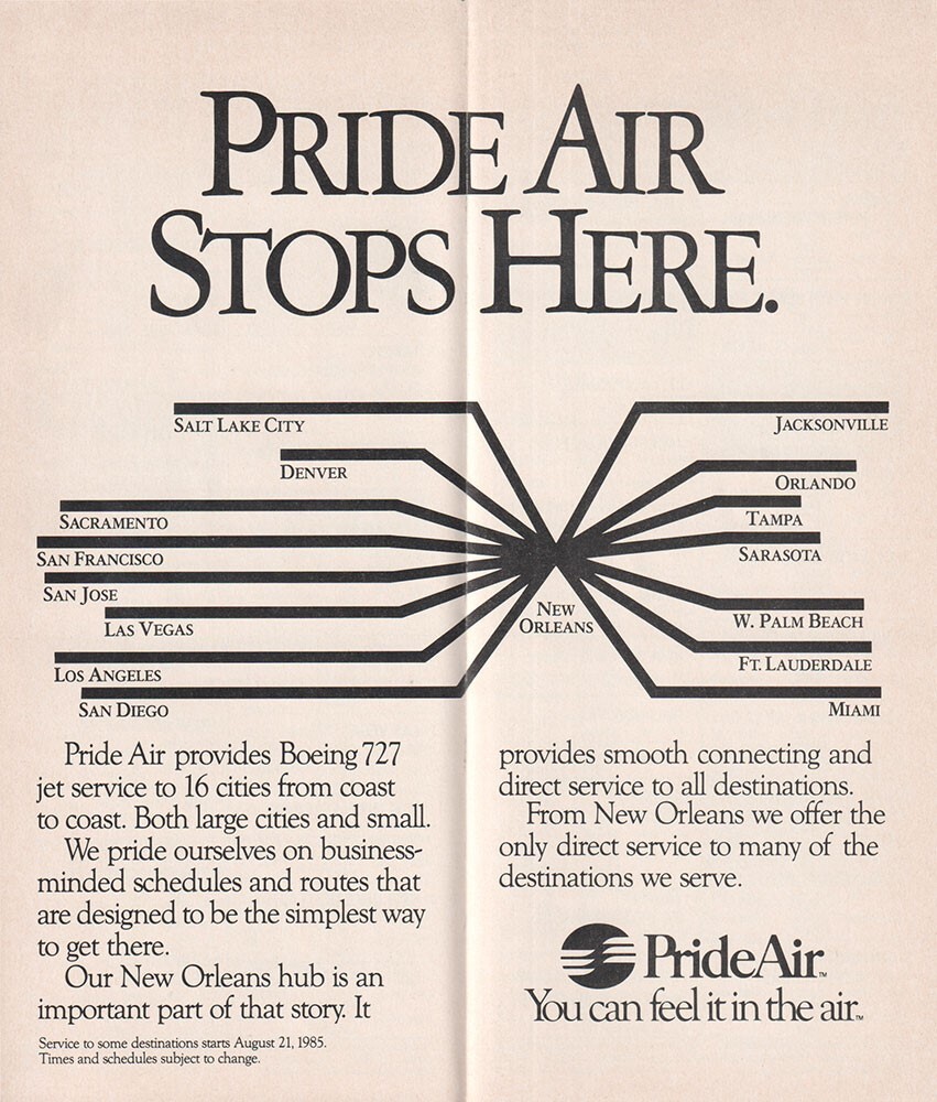 Pride Air timetable 1985/08/01