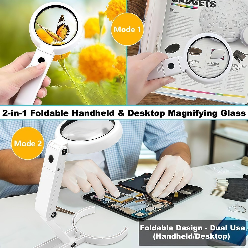 Magnifying Glass with Light and Stand, Foldable Handheld Large Magnifying Gla...