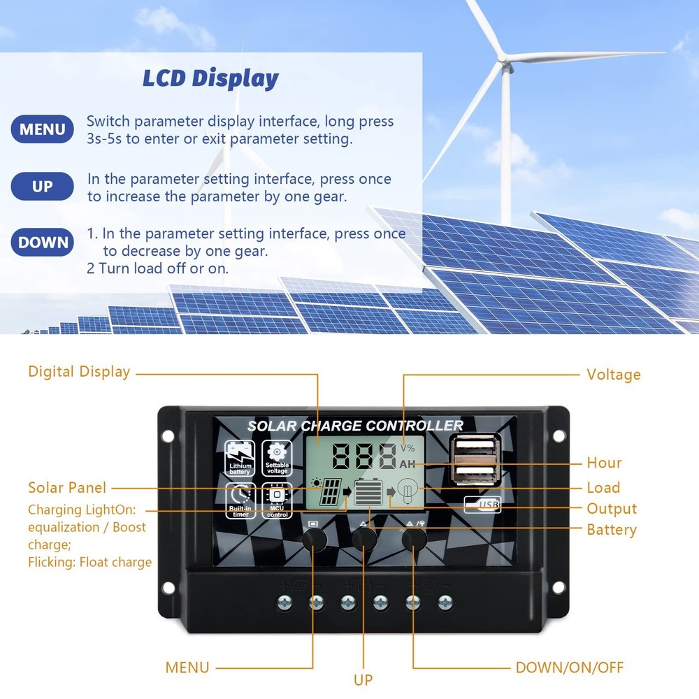 Solar charge controller 12V/24V, solar charger controller solar panel...