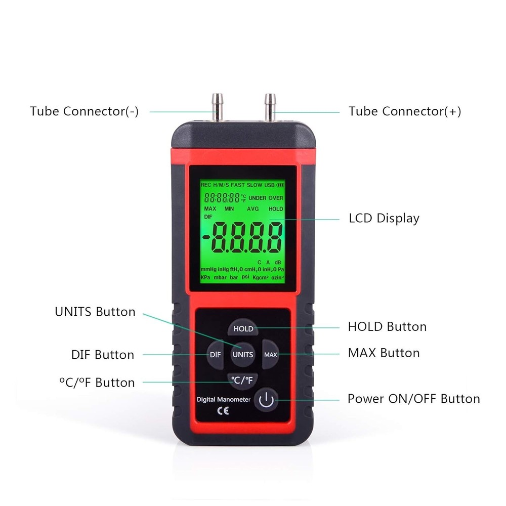 Advanced Digital Gas Pressure Tester with Multiple Units - Durable Rubber Design