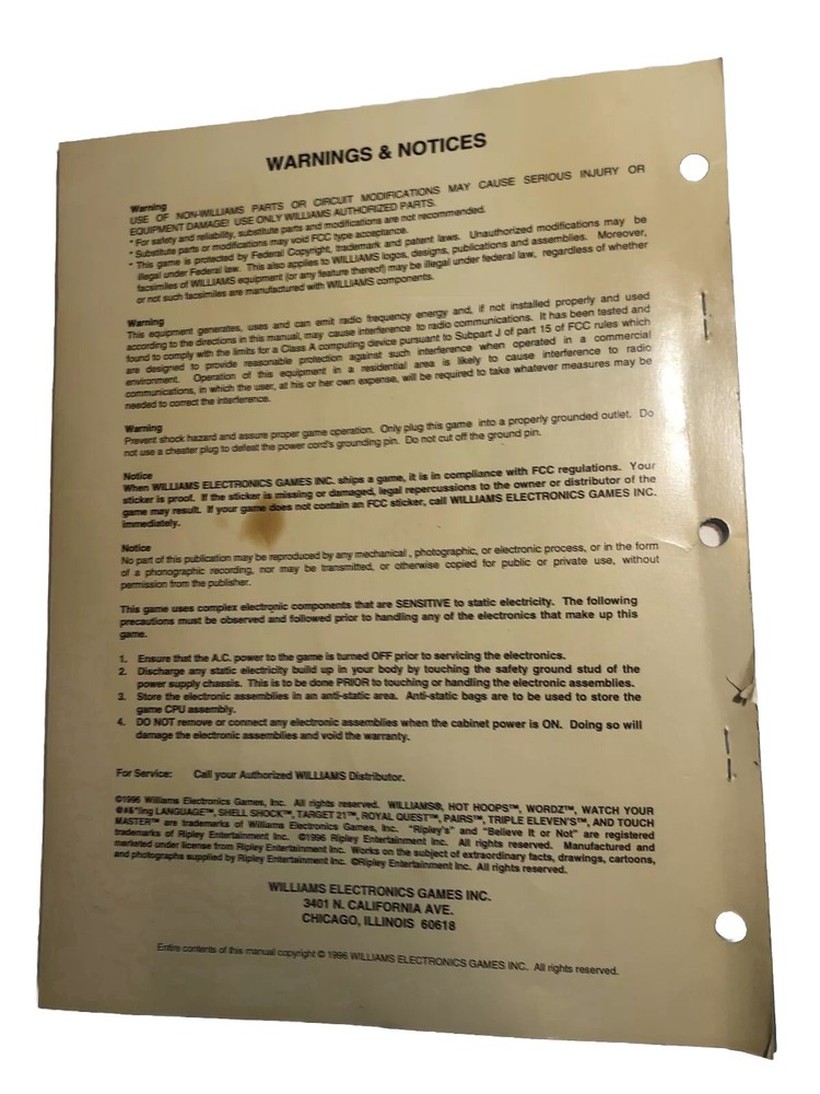 Williams Touch Master Video Arcade Game Service Manual