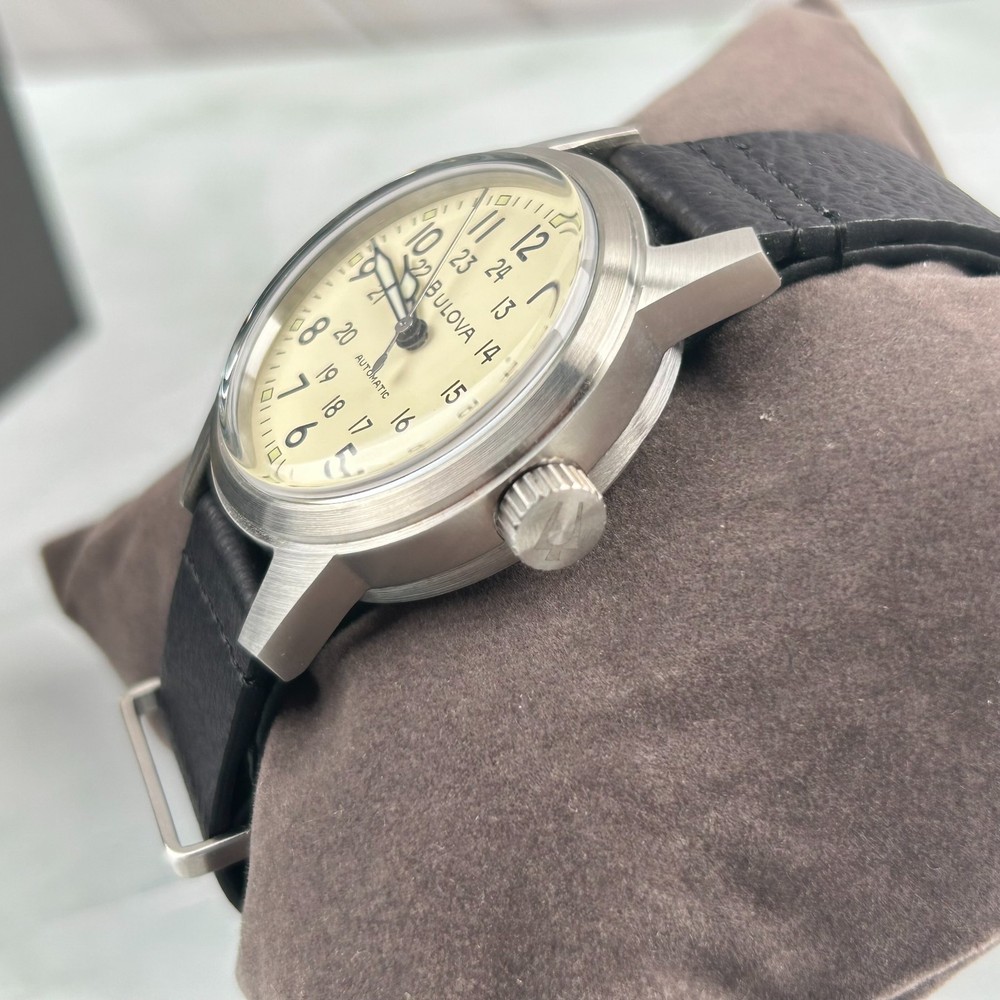 Bulova 96A246 Hack Ivory Dial Black Leather Strap Men’s Automatic Watch