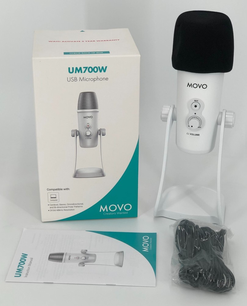 Movo UM700W White Desktop USB Microphone for Computer , 4 Pickup Patterns