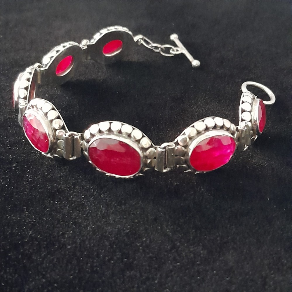 925 Sterling Silver Red Ruby Oval Faceted Panel Link Bracelet Toggle