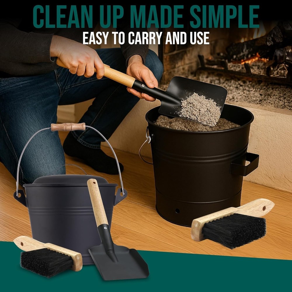 1.5 Gallon Mini Ash Bucket with Lid & Tools - Elegant Black Fireplace Solution