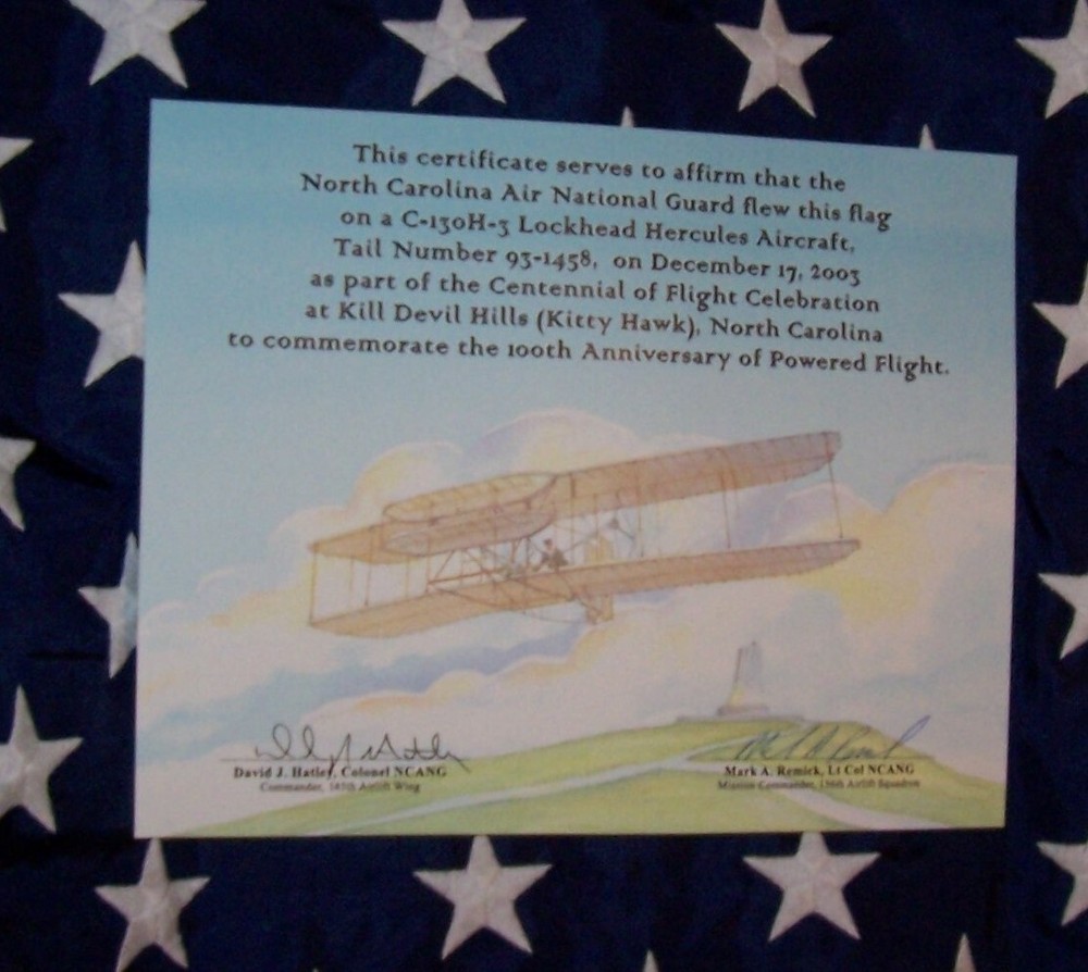 Centennial of Wright Brothers First Flight--COMMEMORATIVE CERTIFICATE & US FLAG