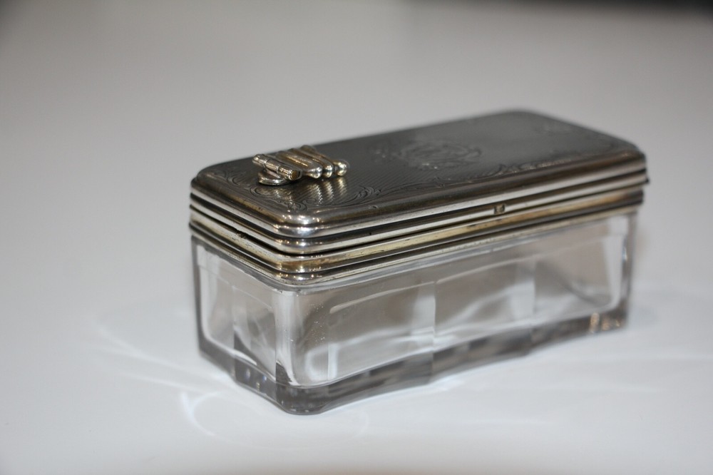 Antique Rare 19th C. Aucoc Aine Solid Sterling Silver & Crystal Pill Box