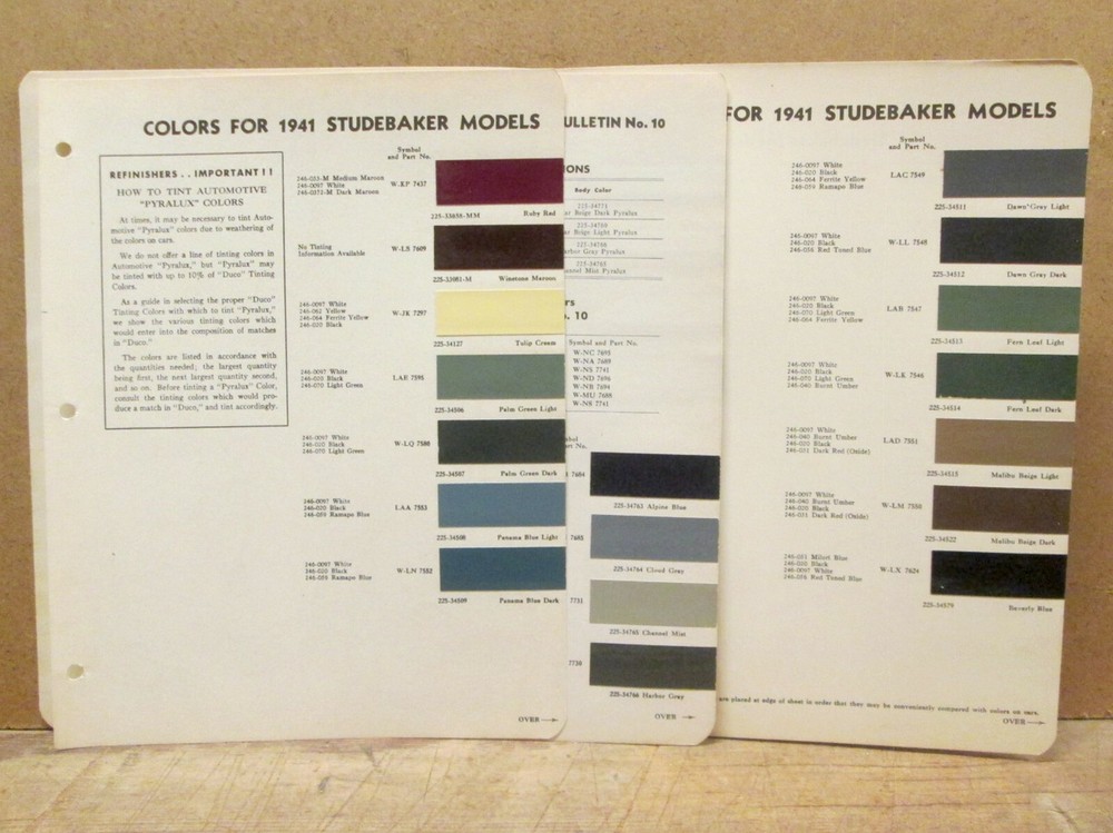 1941 STUDEBAKER PAINT CHIP SHEETS & SUPPLEMENT - Dupont