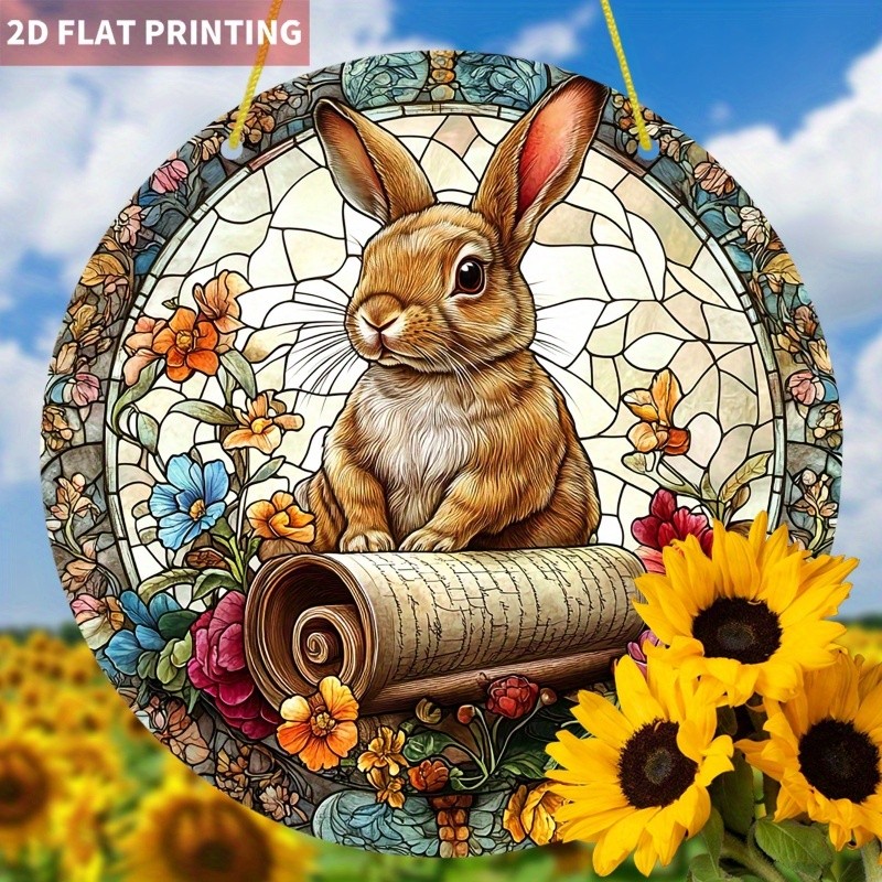 Bunny With Scroll Acrylic Suncatcher Floral Pattern Easter Window Hanging Decor