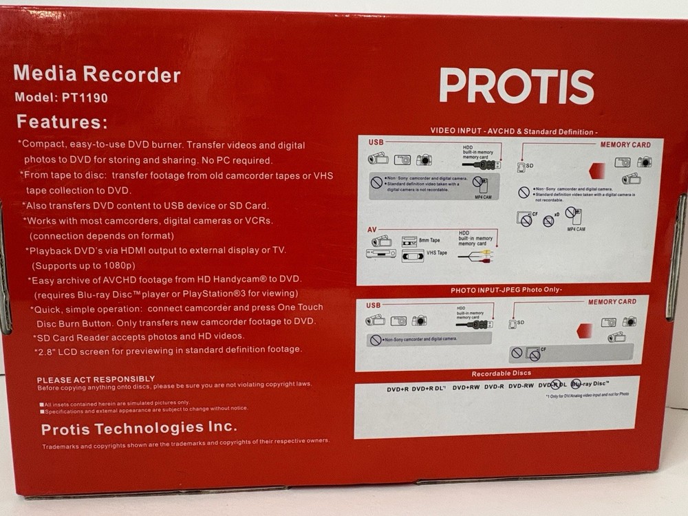PROTIS Multi-function Media Recorder PT1190 DVD Recorder / Player HDMI USB. NEW