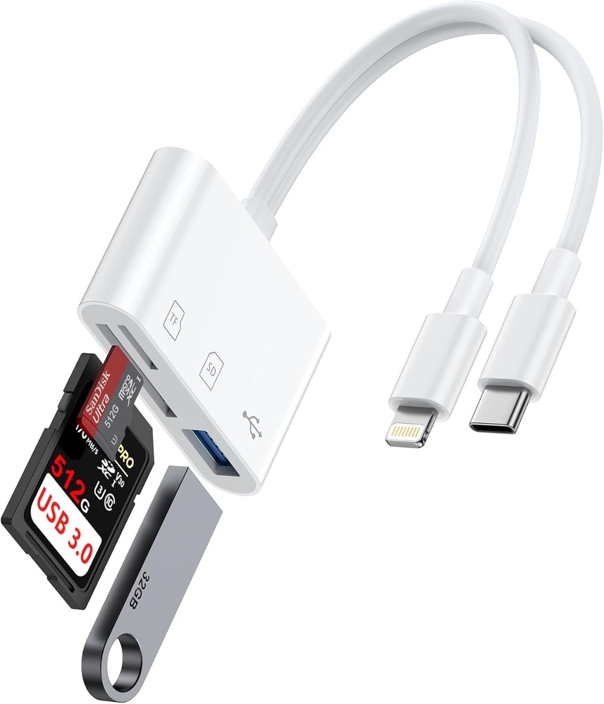 Plug and Play Dual Port SD/MicroSD Reader for iPhone, iPad & Android Devices