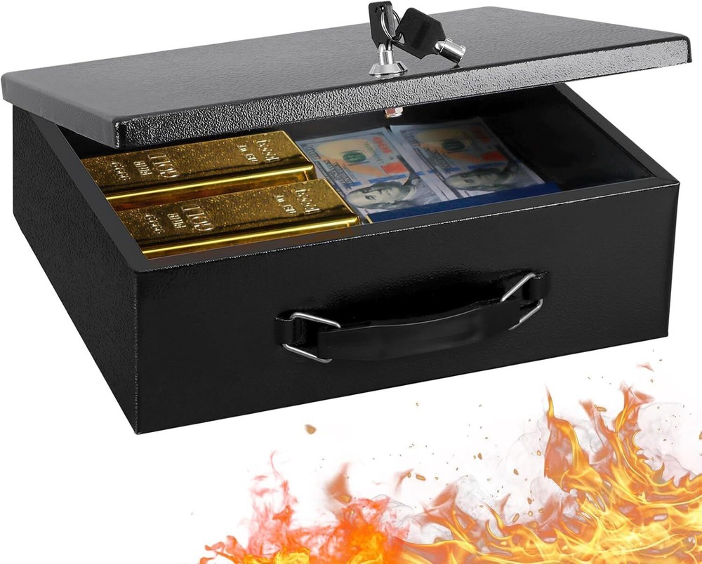 Fireproof Document Box w/ Key Lock Safe Storage Box for Valuables Security Chest