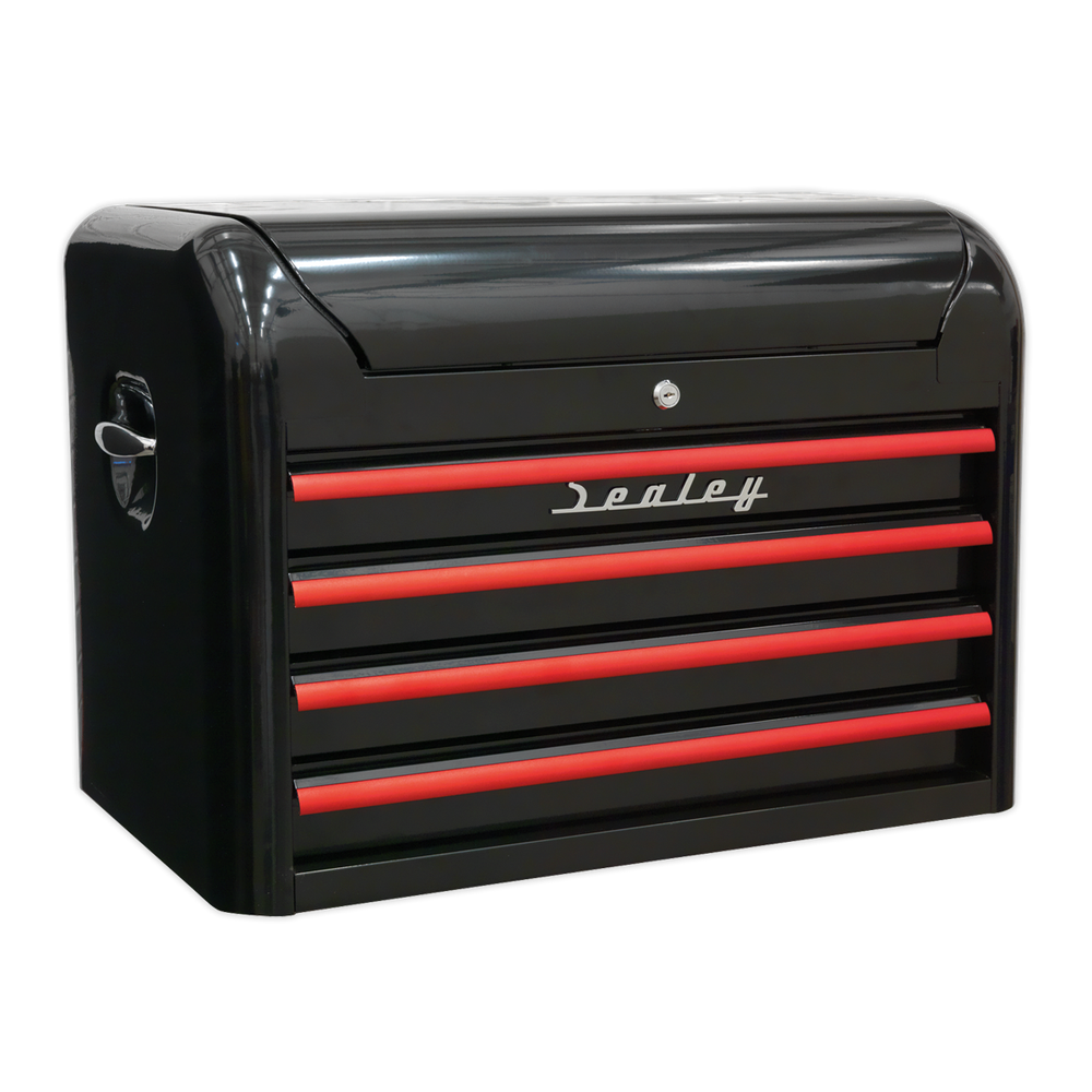 Topchest 4 Drawer Retro Style - Black with Red Drawer Pulls (Sealey AP28104BR)