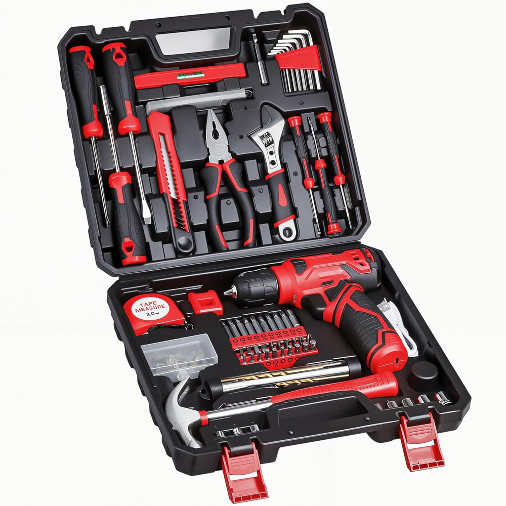 Tool Set - 8V Cordless Drill Set, 132 Piece Home Tool Set with Hand Drill, Tool
