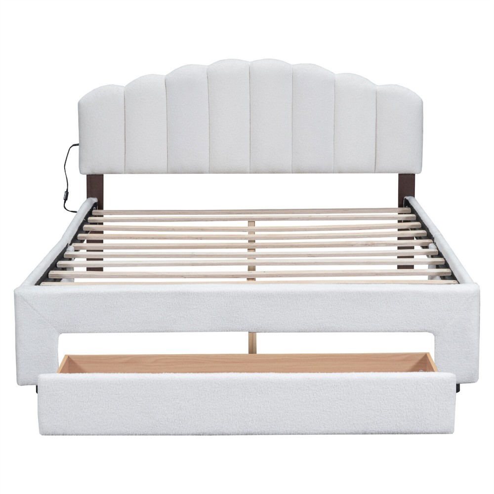 Queen Size Bed Frame Upholstered Platform Bed with Drawers White/Beige/Gray