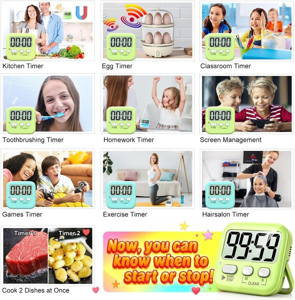 Portable Kitchen & Classroom Timers: 2 Pack with Built-in Memory & Large Display