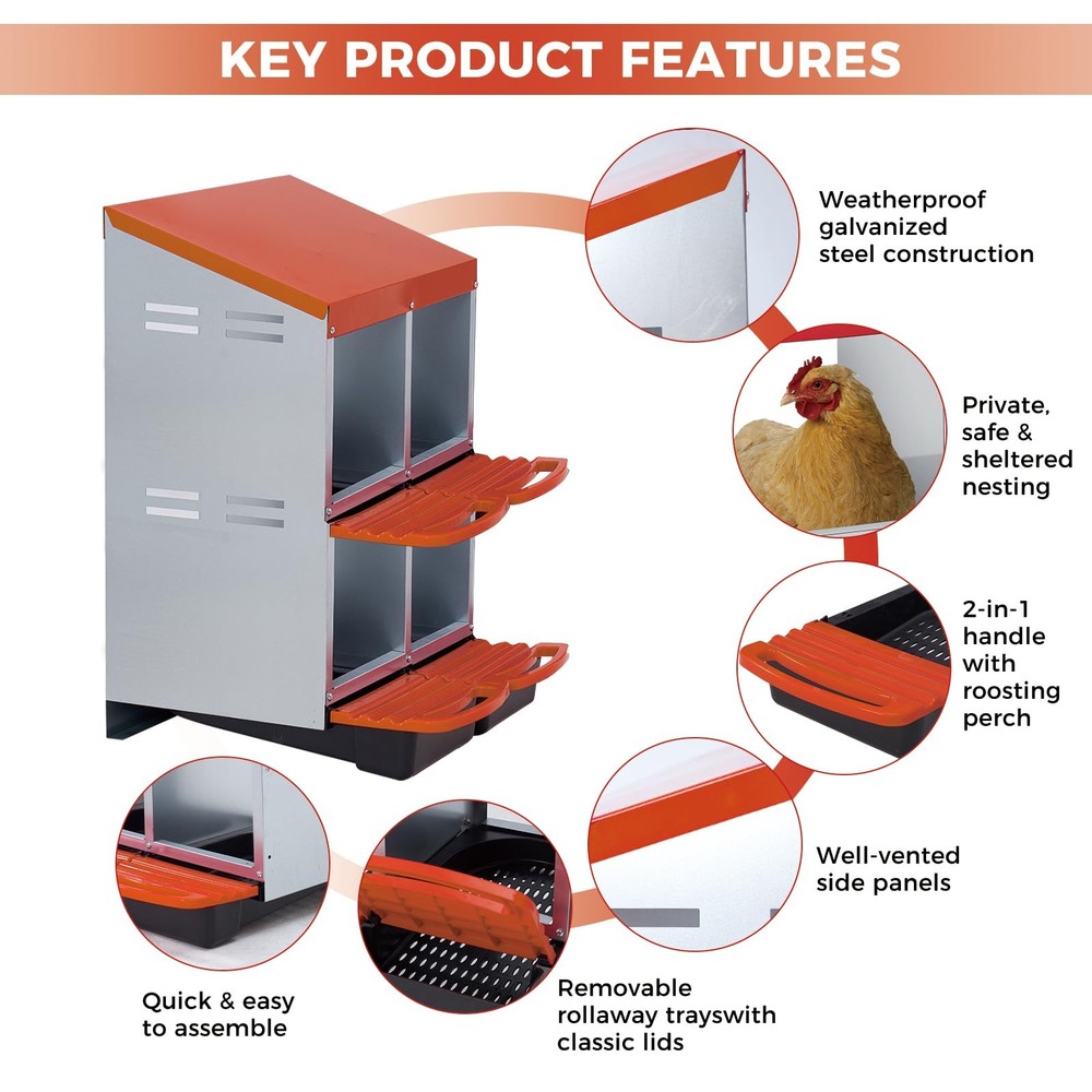 Chicken Nesting Box 4-Compartment Egg Laying Box Heavy-Duty Easy Egg Collection