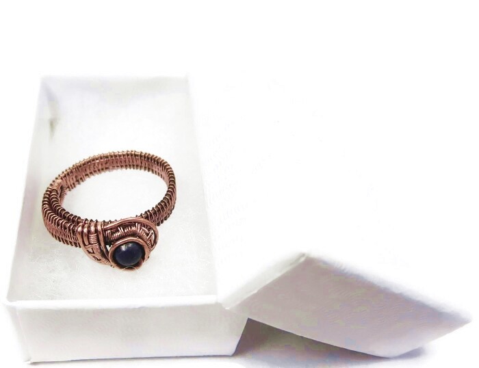 Lapis Lazuli Adjustable Ring, Woven in Copper Wire