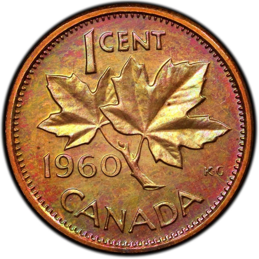 PL64BN 1960 1C Canada Maple Leaf Proof Cent, PCGS Trueview- Rainbow Toned