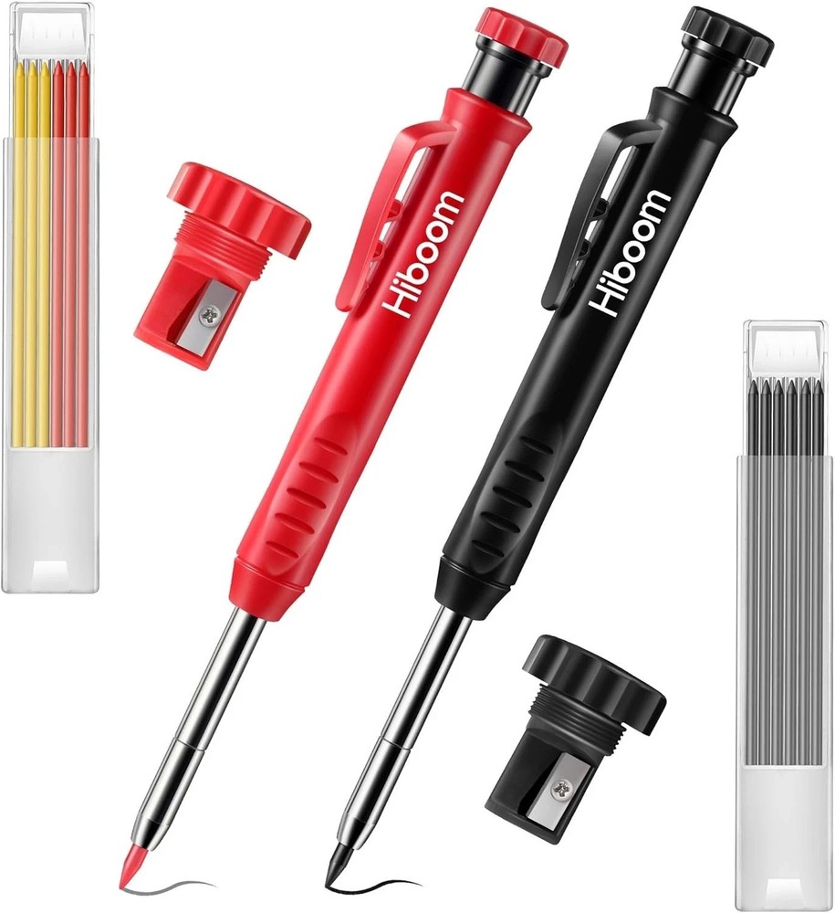 2 Pack Solid Carpenter Pencil with 14 Refill, Long Nosed Deep Hole Mechanical Pe