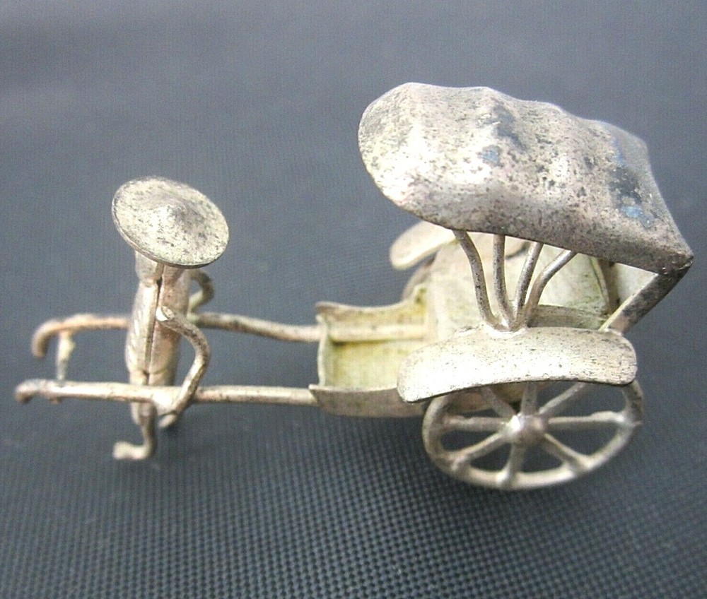 Antique Silver Plated Small Oriental Man Pulls Cart Wheels Move Rickshaw