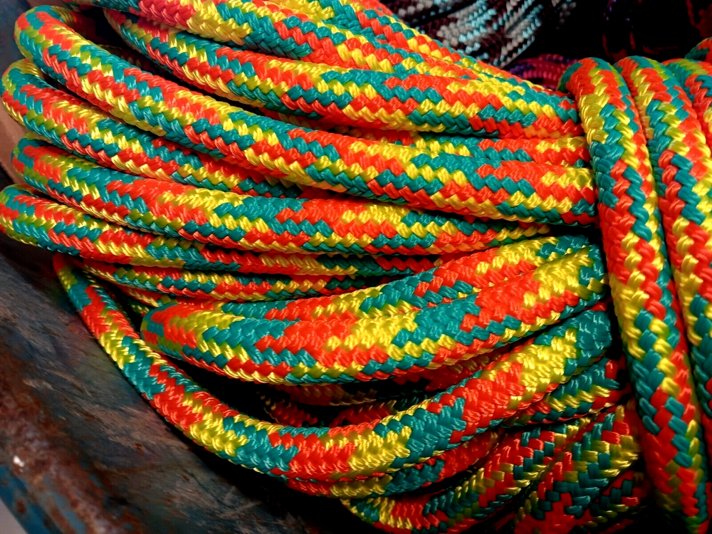 9/16 x 100 ft. Double Braid-Yacht Braid Polyester Rope. Turquoise/Yellow/Orange