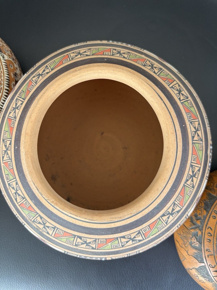 Peruvian Style Pottery & Etched Gourd Decor Bundle Signed Leoncio Veli