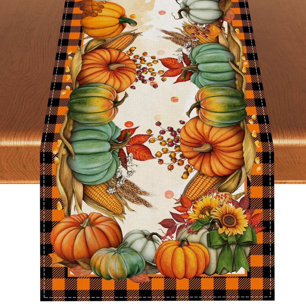 Fall Decorations Orange Black Buffalo Plaid Pumpkin Table Runner Gift 13×72''