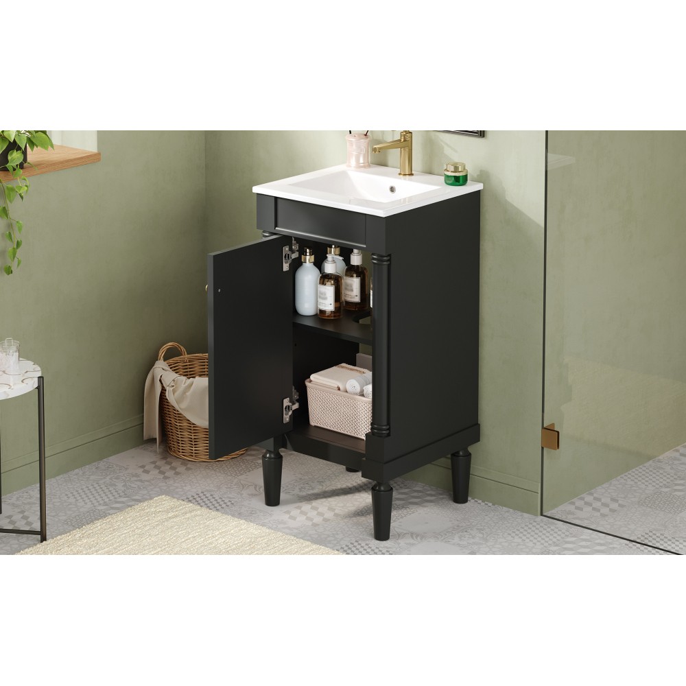 French Bathroom Vanity with Ceramic Sink & Soft-Closing Doors, Black