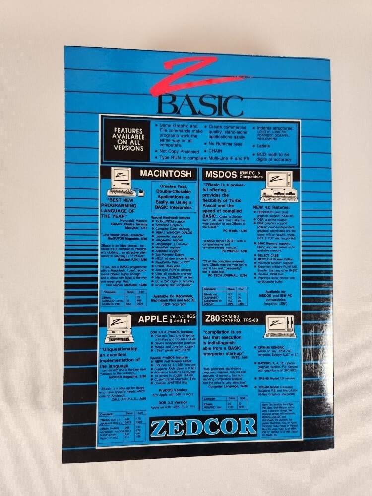 Zedcor ZBasic Interactive Basic Compiler By Andrew R. Gariepy 1987 4th Ed. PB
