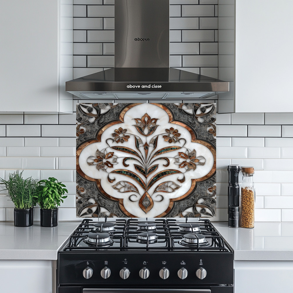 Ottoman Pattern on Marble Print Background Glass Backsplash for Kitchen Stove