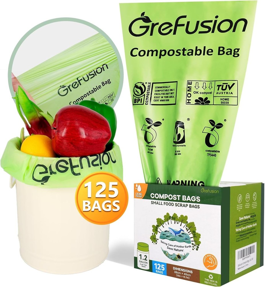 GreFusion Compostable Bags for Kitchen Compost Bin, 1.2 Gallon, 125 Count