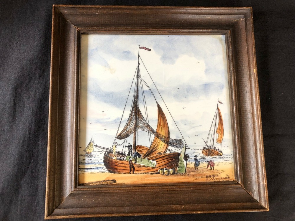 DELFT FRAMED  POLYCHROME TILE .  Signed and marked