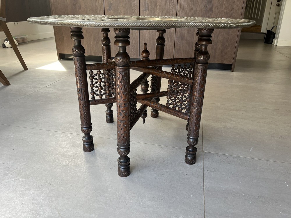 Antique Indian Benares Folding Side Table with Dished Brass Tray