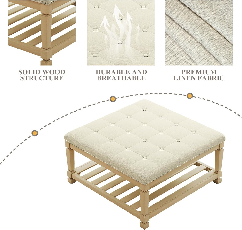 Ivory Large Square Ottoman Coffee Table with Storage & Tufted Upholstery