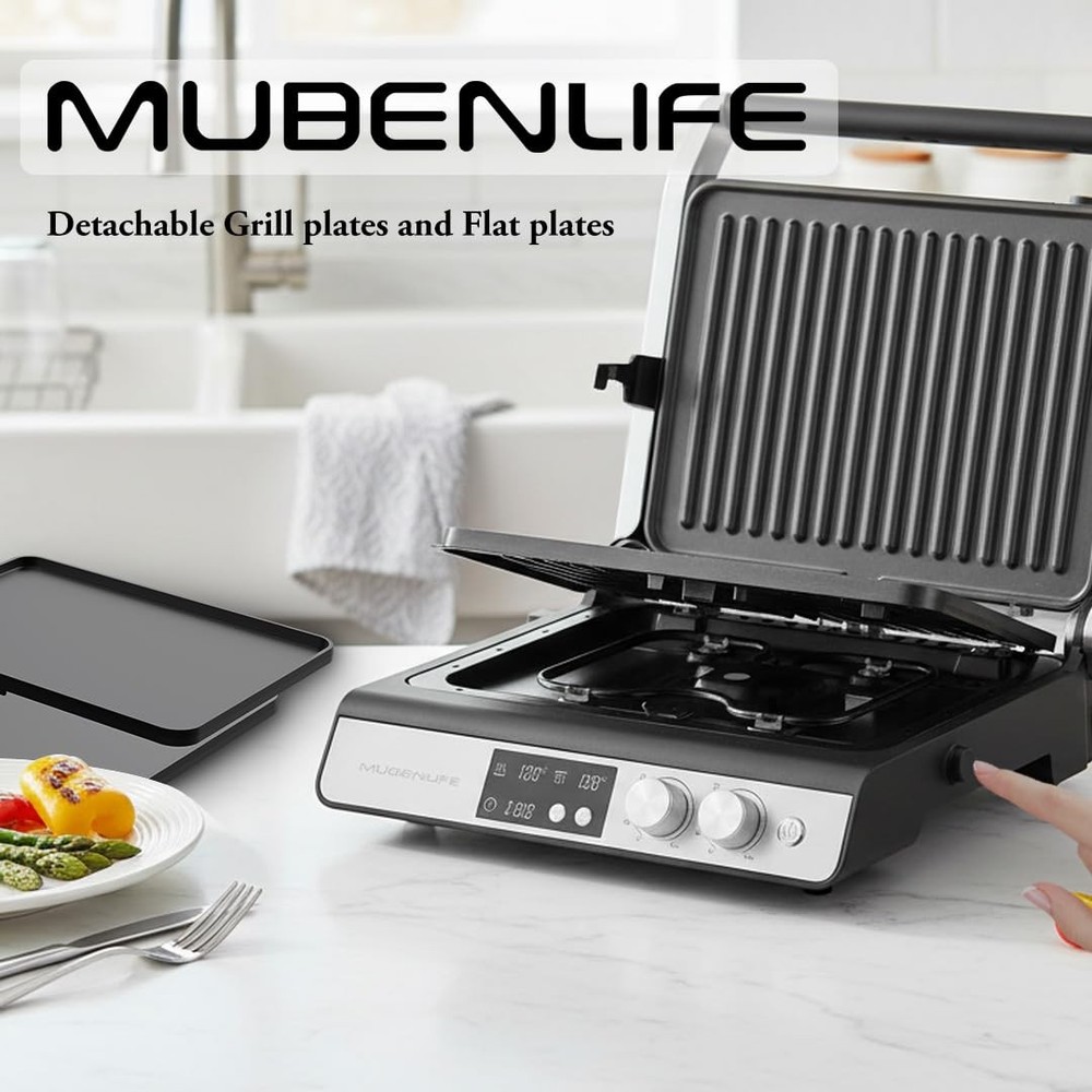 Panini Press 4 Slice Contact Grill Digital Timer Removable Plates 180Open Silver