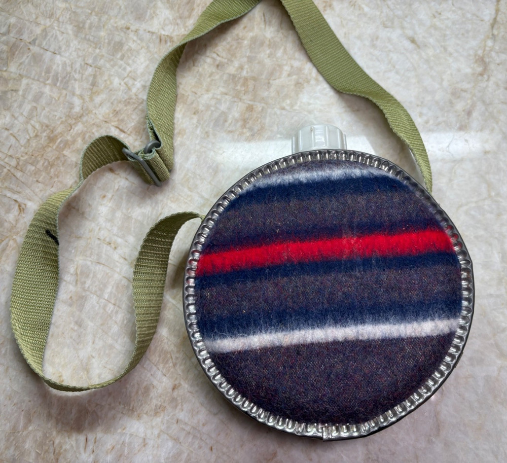 VINTAGE Wool & Galvanized Metal Canteen With Strap
