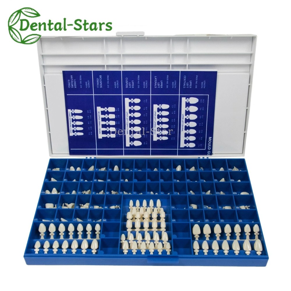 DENTAL POLYCARBONATE TEMPORARY CROWNS 390 PCS 66 SIZES WITH PAPER GUIDE CHART
