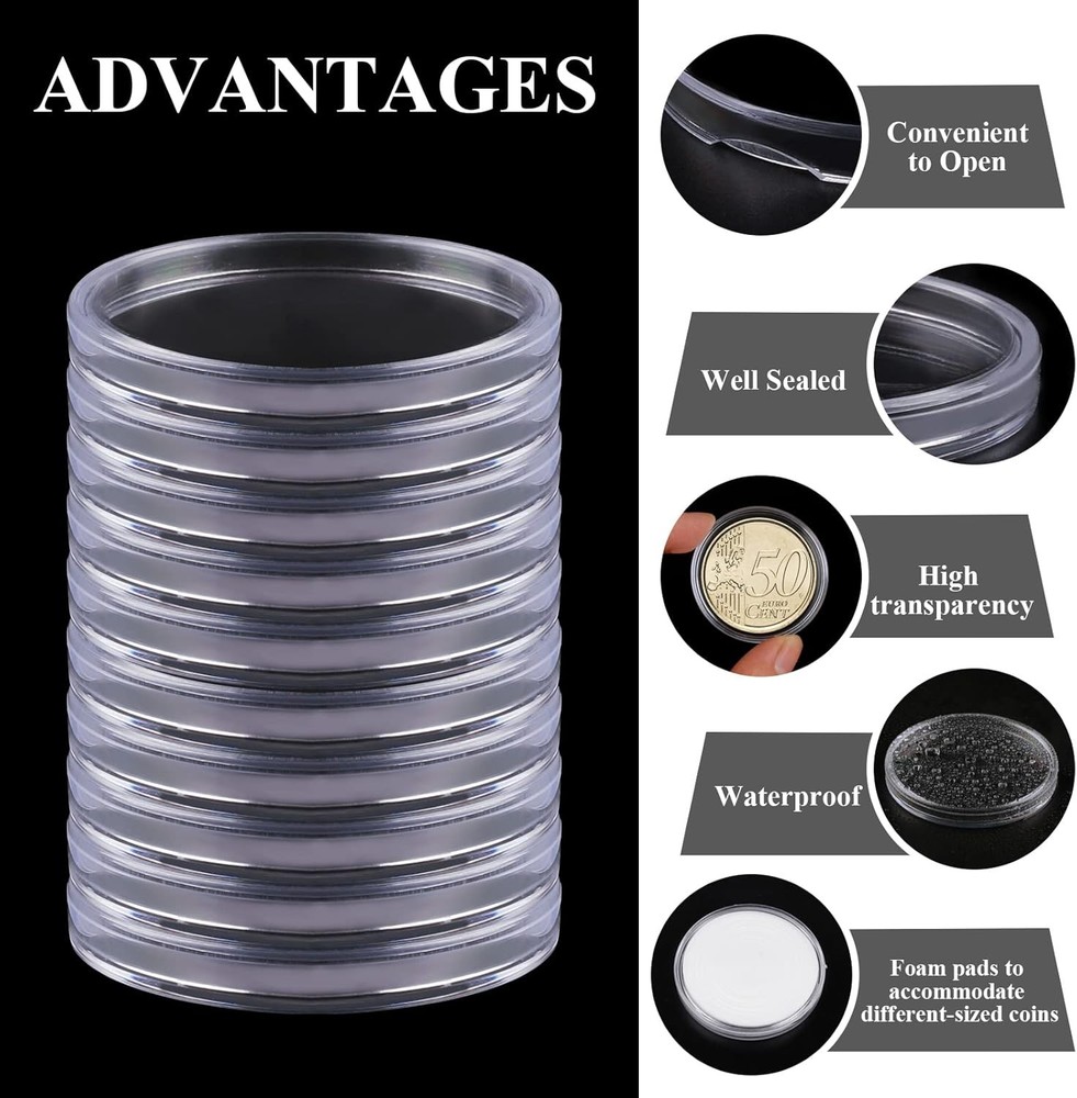 60-Pack Clear Plastic Coin Capsules | 40mm Holders with Adjustable Gaskets