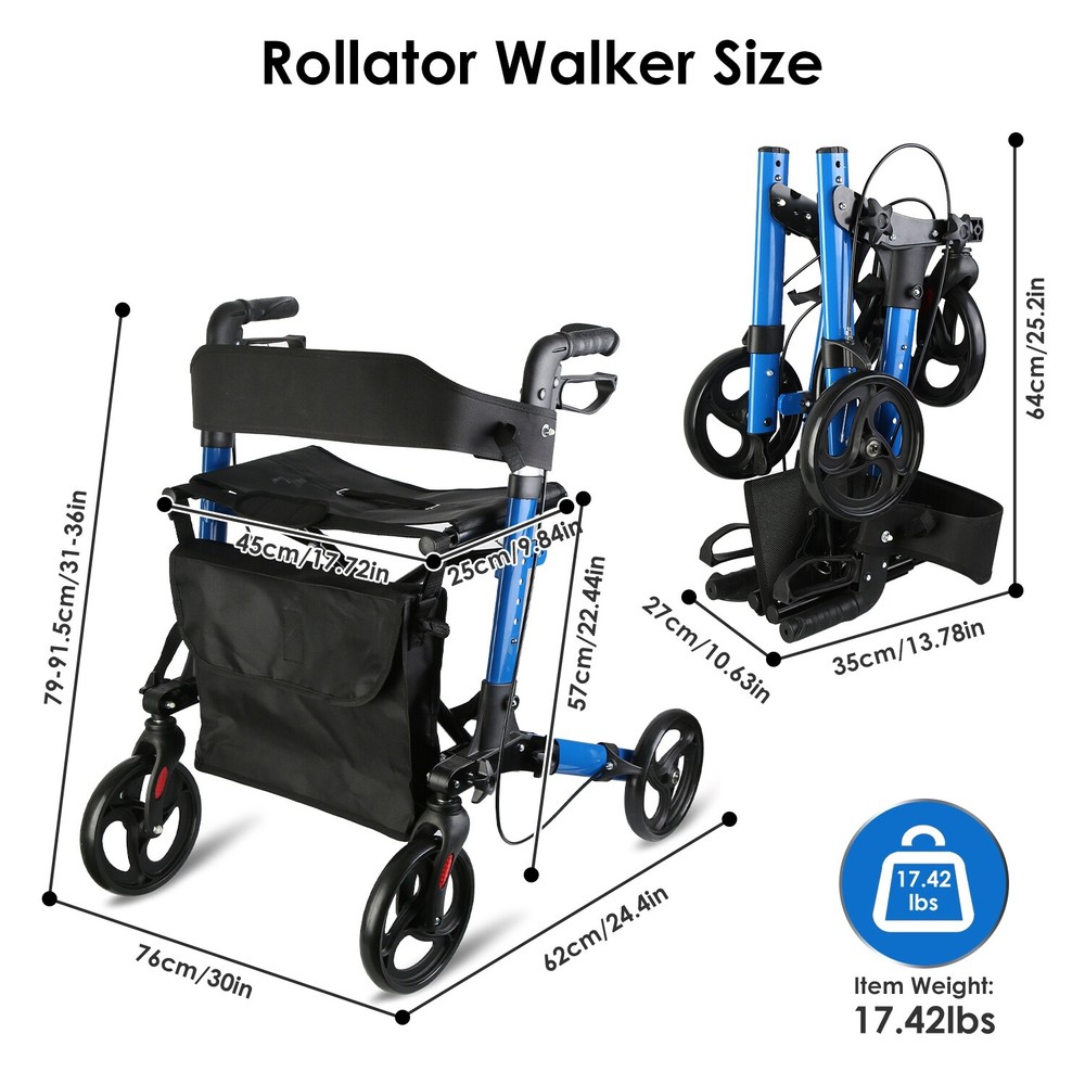 New Mobility Rollator Walker Foldable Aluminum Adjustable Rolling Wheels Walker