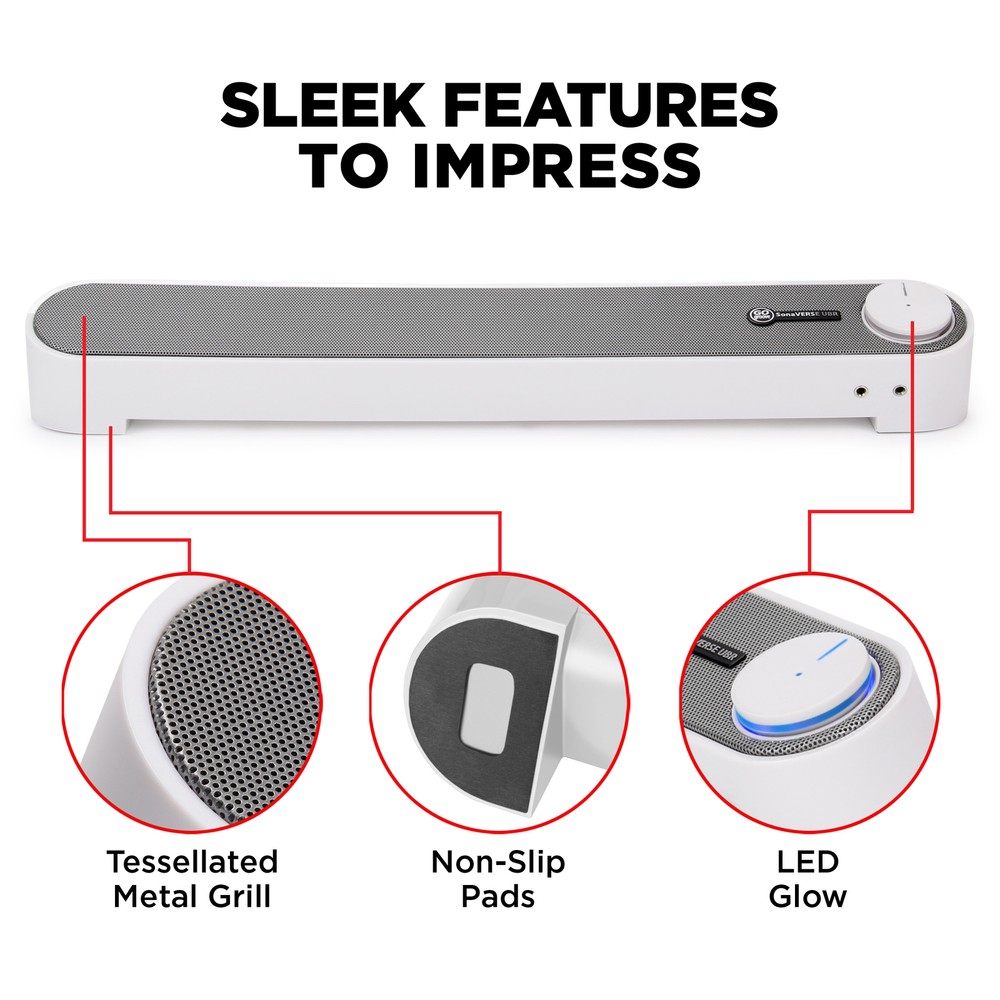 Computer Sound Bar Speaker (White) with Easy Access Headphone & Mic Jacks