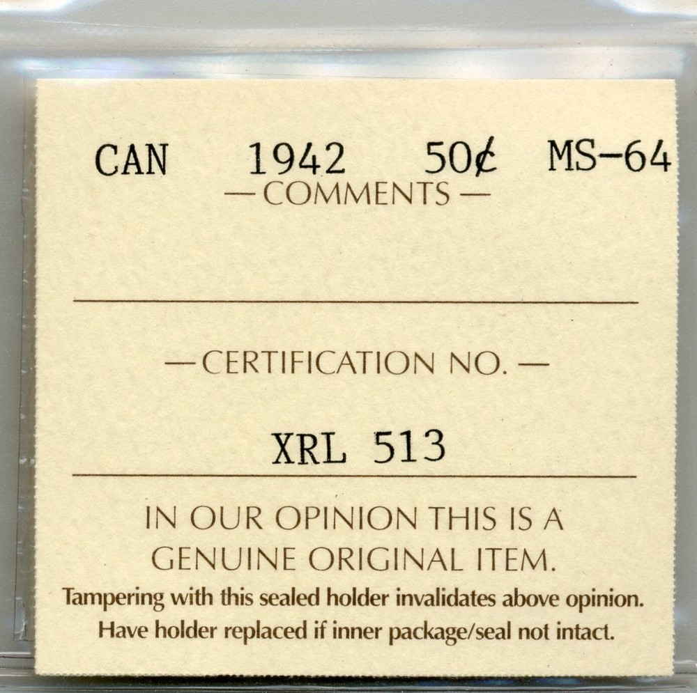 1942 Canada 50 Cents - Choice Uncirculated, ICCS MS64