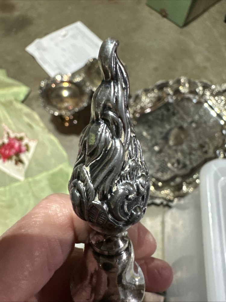 Rare Antique Silverplate Candelabra Flame Finial Topper Solid 4"