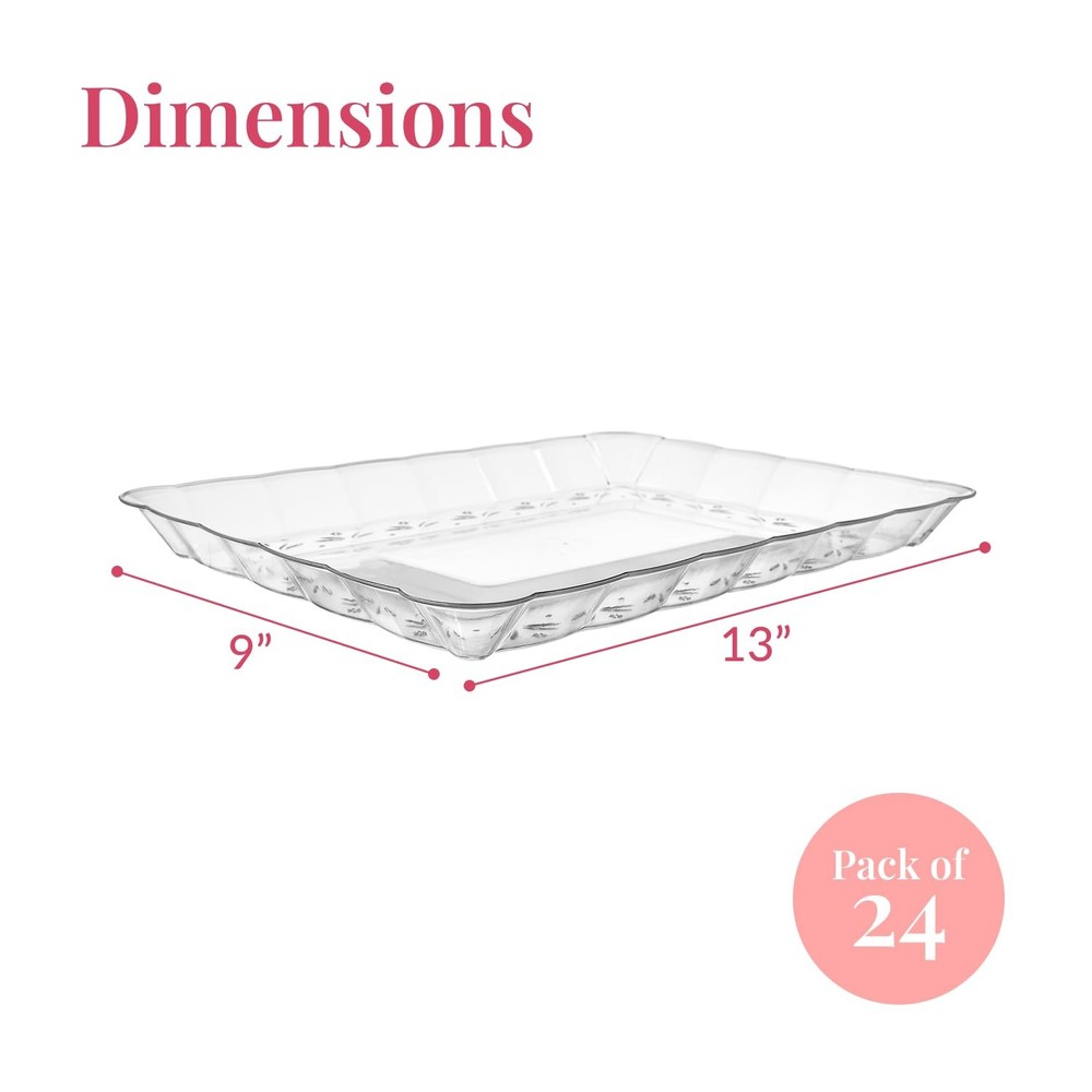 Prestee 24 Pack Plastic Serving Trays Set - 9 x 13 Clear Rectangular Disposable