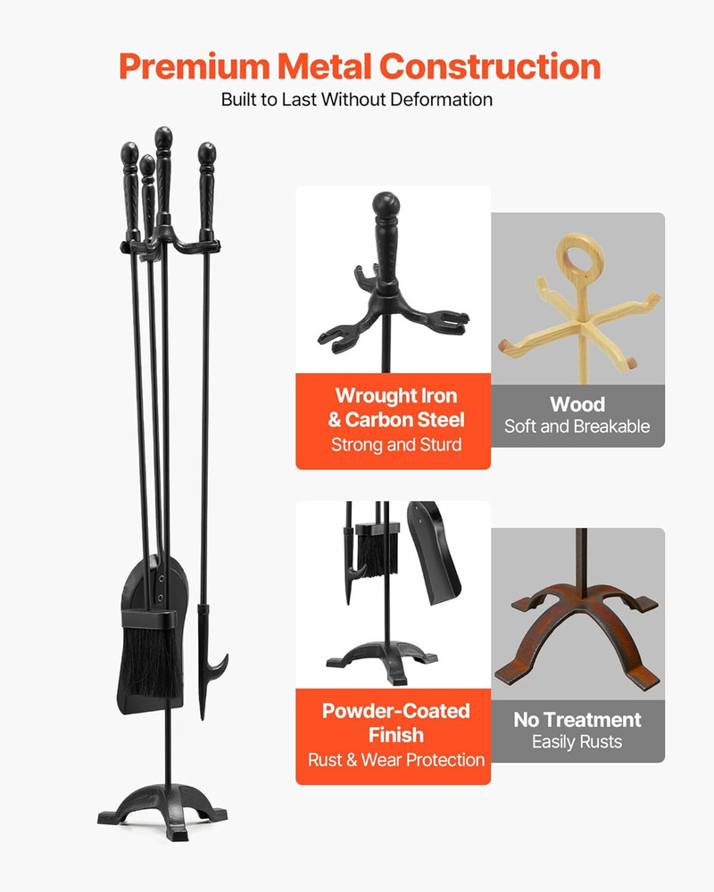 Fireplace Tool Set, 4 PCS Fire Tool Set and Holder with Three-Prong Stand, Ash S