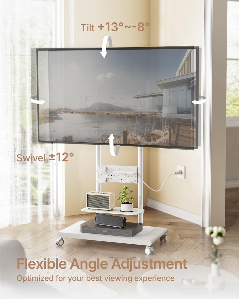 ECOTINY Rolling TV Stand with Versatile 50-90 Inch Pegboard, White