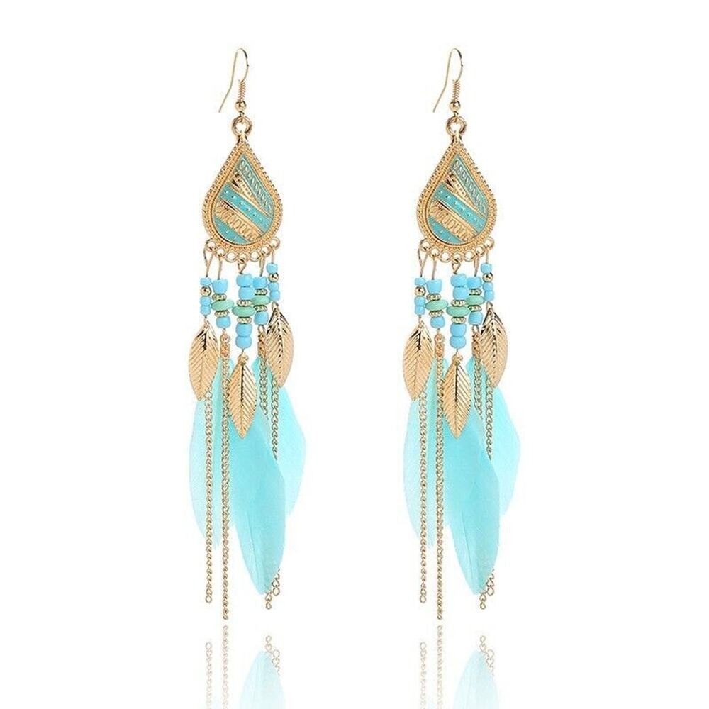Feather Boho Rice Bead Stud Long Waterdrop Tassel Earrings Hook Boho Ethic Danly